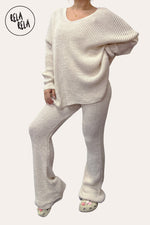 Front View of Longline V-Neck Knitted Jumper & Flared Trousers Lounge Set in Beige